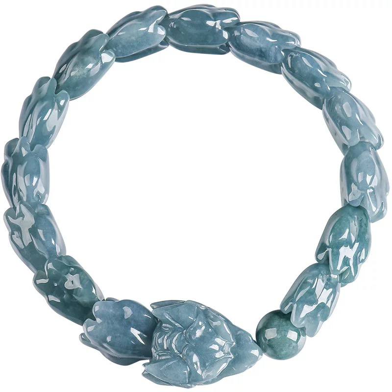 Genuine Type-A Jadeite “Blue Water” Dragon Bone Beaded Bracelet – Icy Jade Jewelry for Women