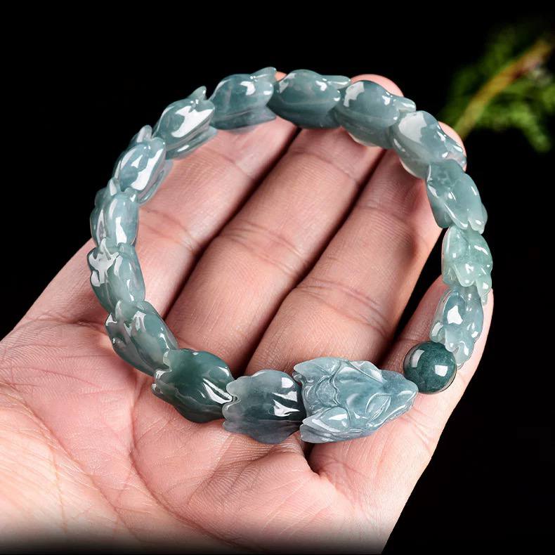 Genuine Type-A Jadeite “Blue Water” Dragon Bone Beaded Bracelet – Icy Jade Jewelry for Women