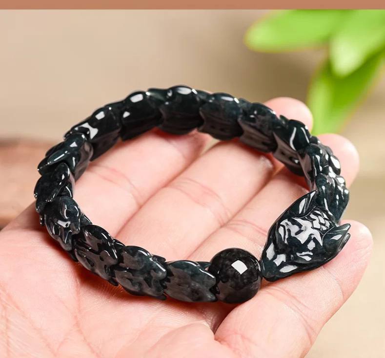 Genuine Burmese Type-A Jadeite “Black Chicken” Dragon Bone Bracelet – High-End Fashion Jade Jewelry