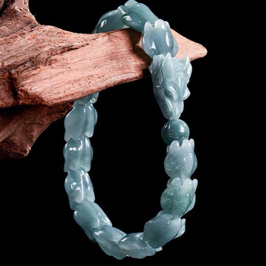 Genuine Type-A Jadeite “Blue Water” Dragon Bone Beaded Bracelet – Icy Jade Jewelry for Women